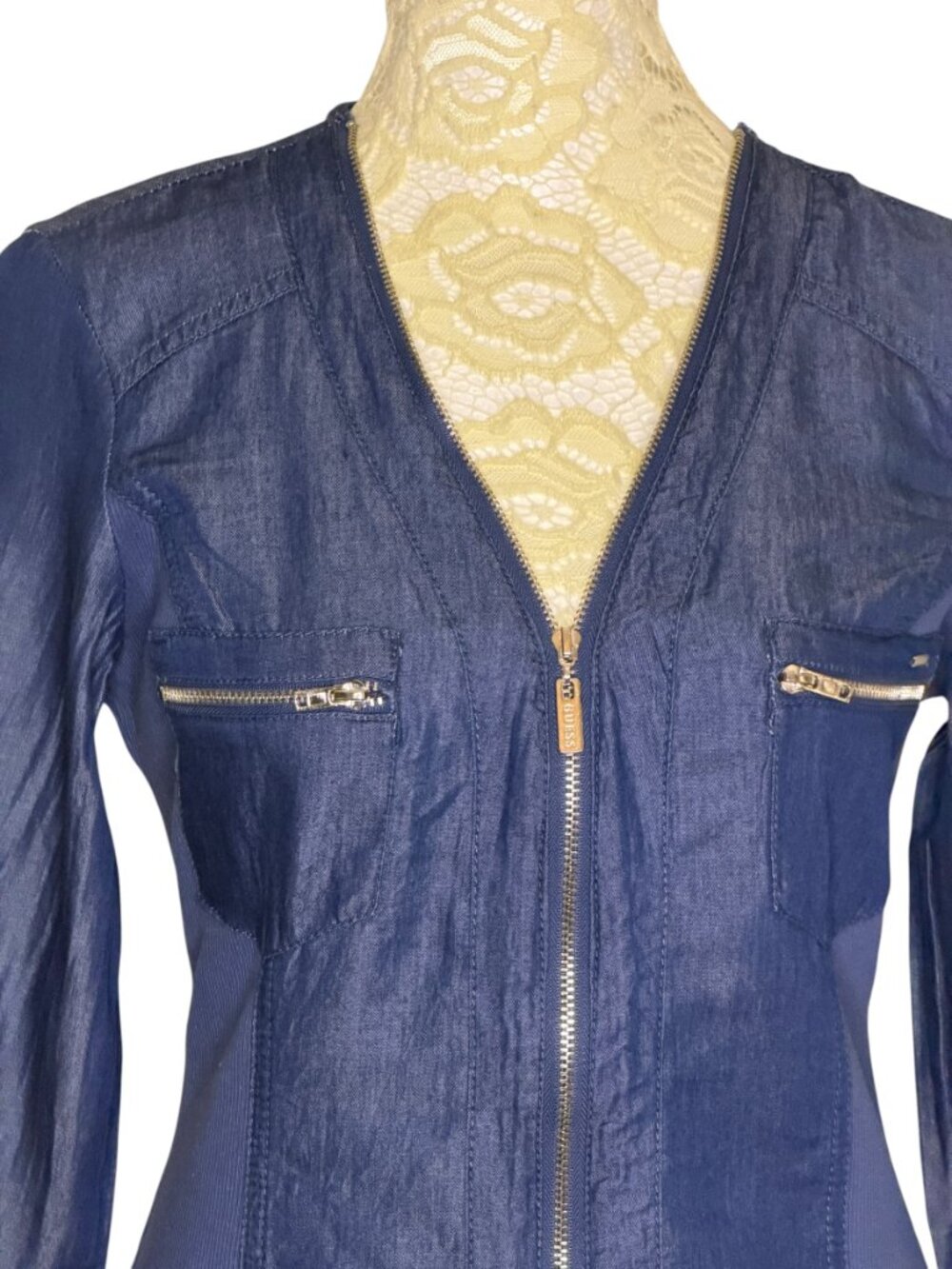 Guess Chambray Shirt Top Blouse Zip Front Roll Tab Sleeve Blue S NWOT - Picture 3 of 7